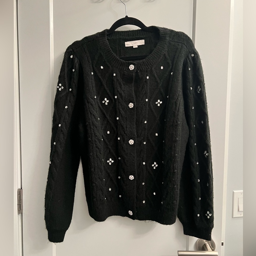 LOFT Black Beaded Cable Knit Cardigan